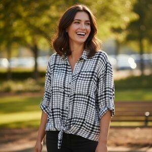 Lush Plaid 3/4 Length Rolled Sleeves Loose Relaxed Fit Button Down Blouse